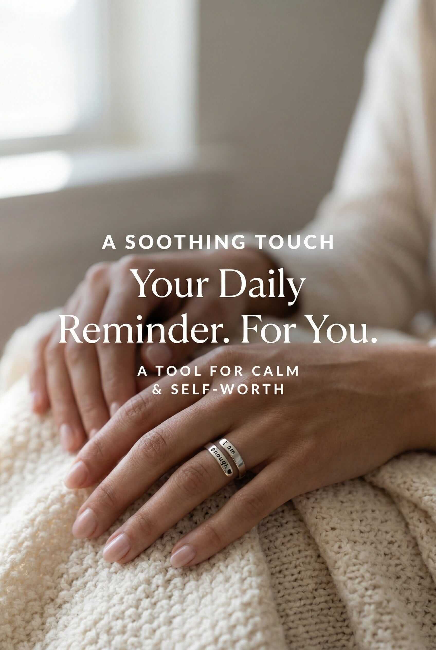 Close-up of hands with rings on a textured surface, accompanied by text about self-worth and calm.