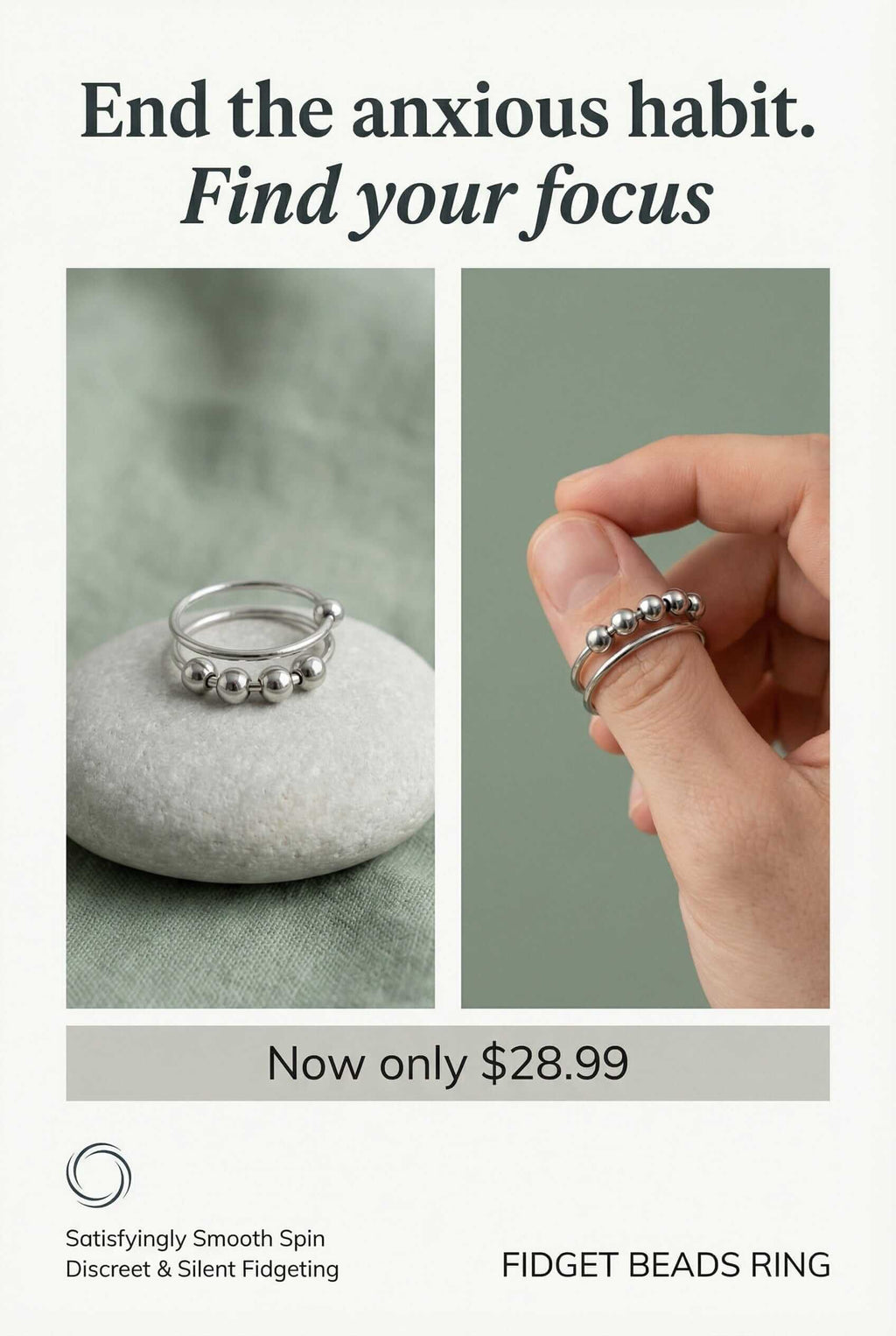 Advertisement for a fidget beads ring with text 'End the anxious habit. Find your focus' and pricing information.