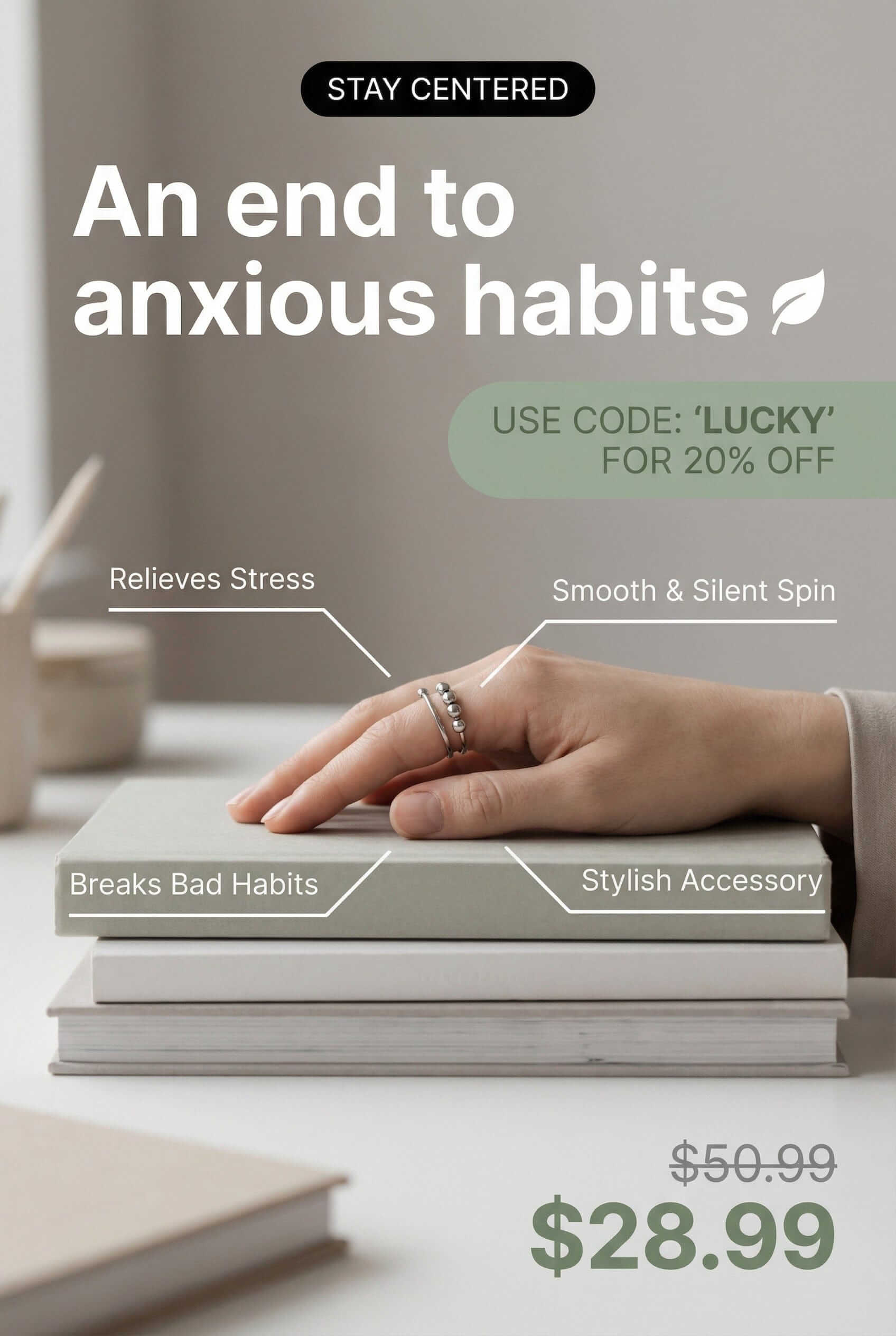 Promotional graphic for a product with text and pricing on a neutral background