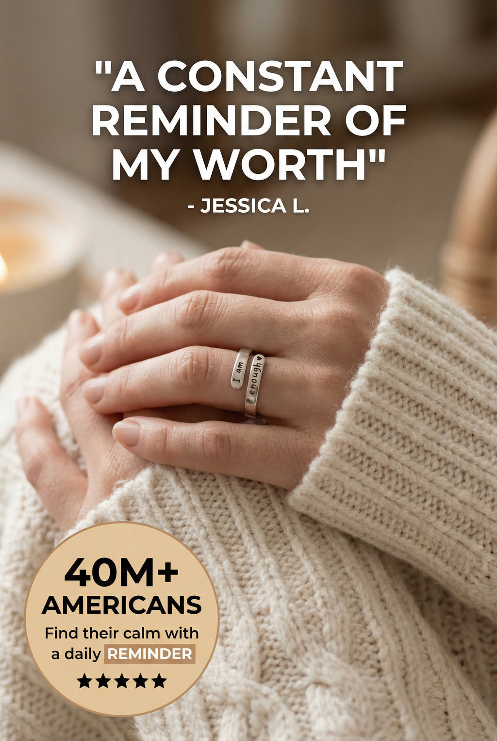 Close-up of a woman holding the I Am Enough Ring in a bathroom, promoting anxiety relief and motivation.